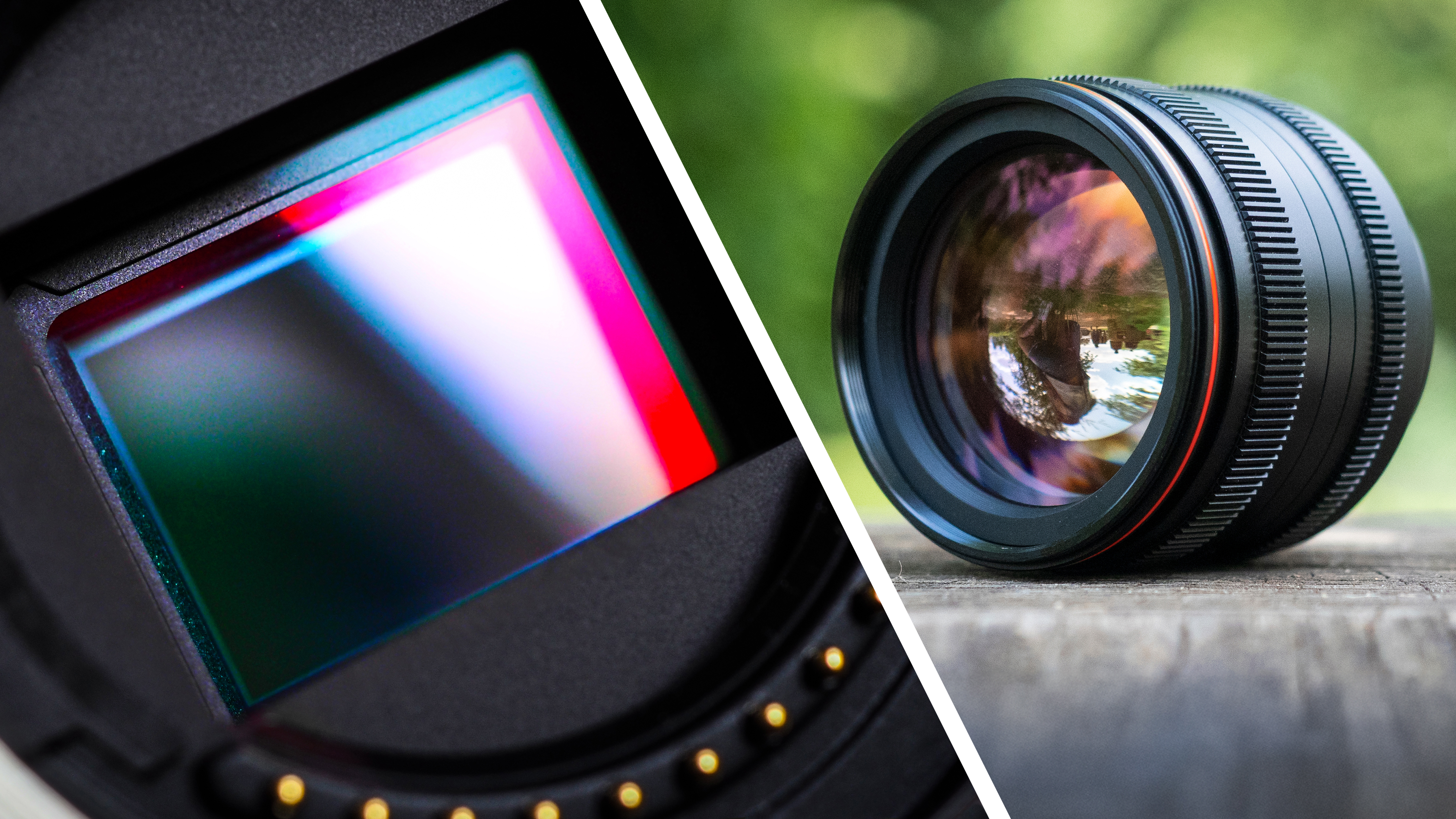 Close-up of an image sensor, next to an image of a camera lens