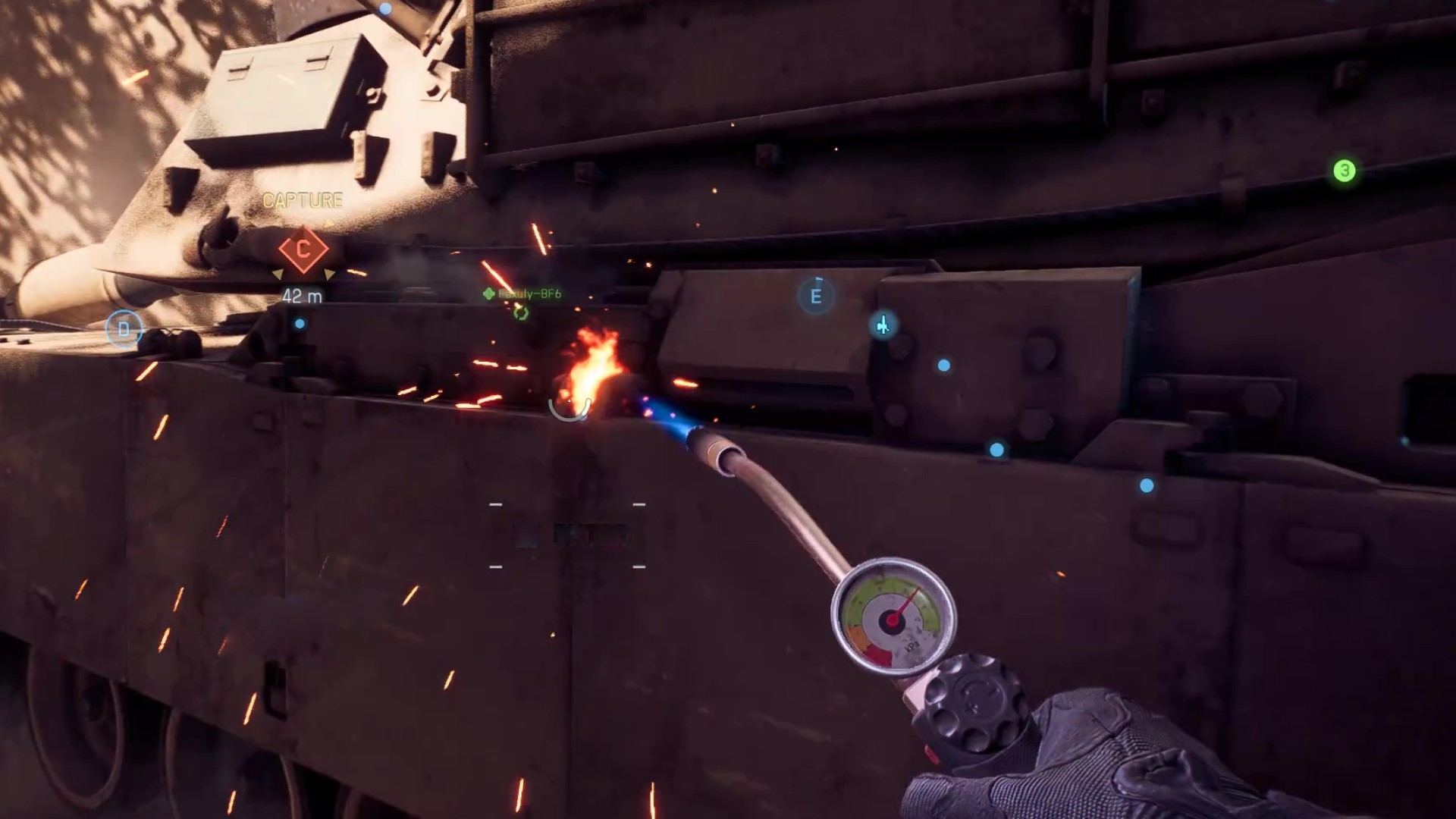 A repair tool in Battlefield 6 being used to fix a tank