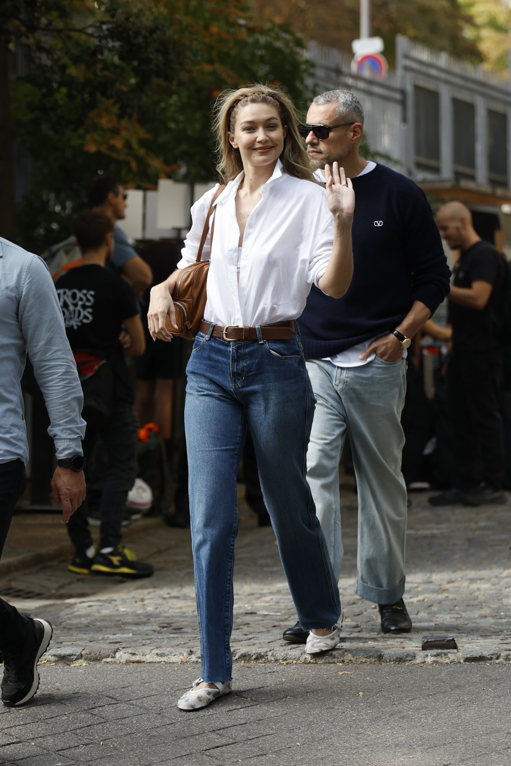 Gigi Hadid wore the mesh Mary Janes trend for fall after the Miu Miu show at Paris Fashion Week
