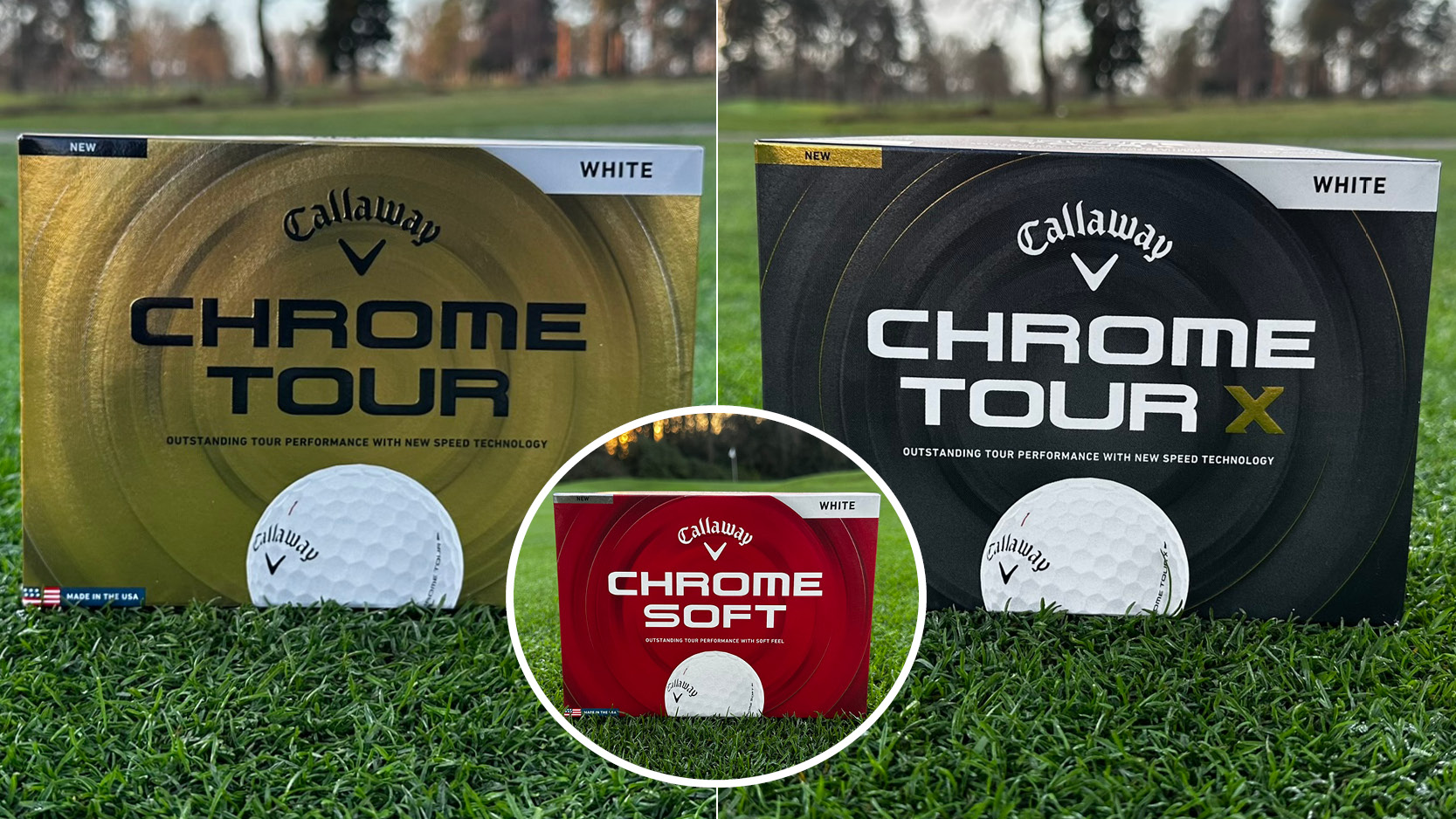Three different Callaway Chrome golf ball models