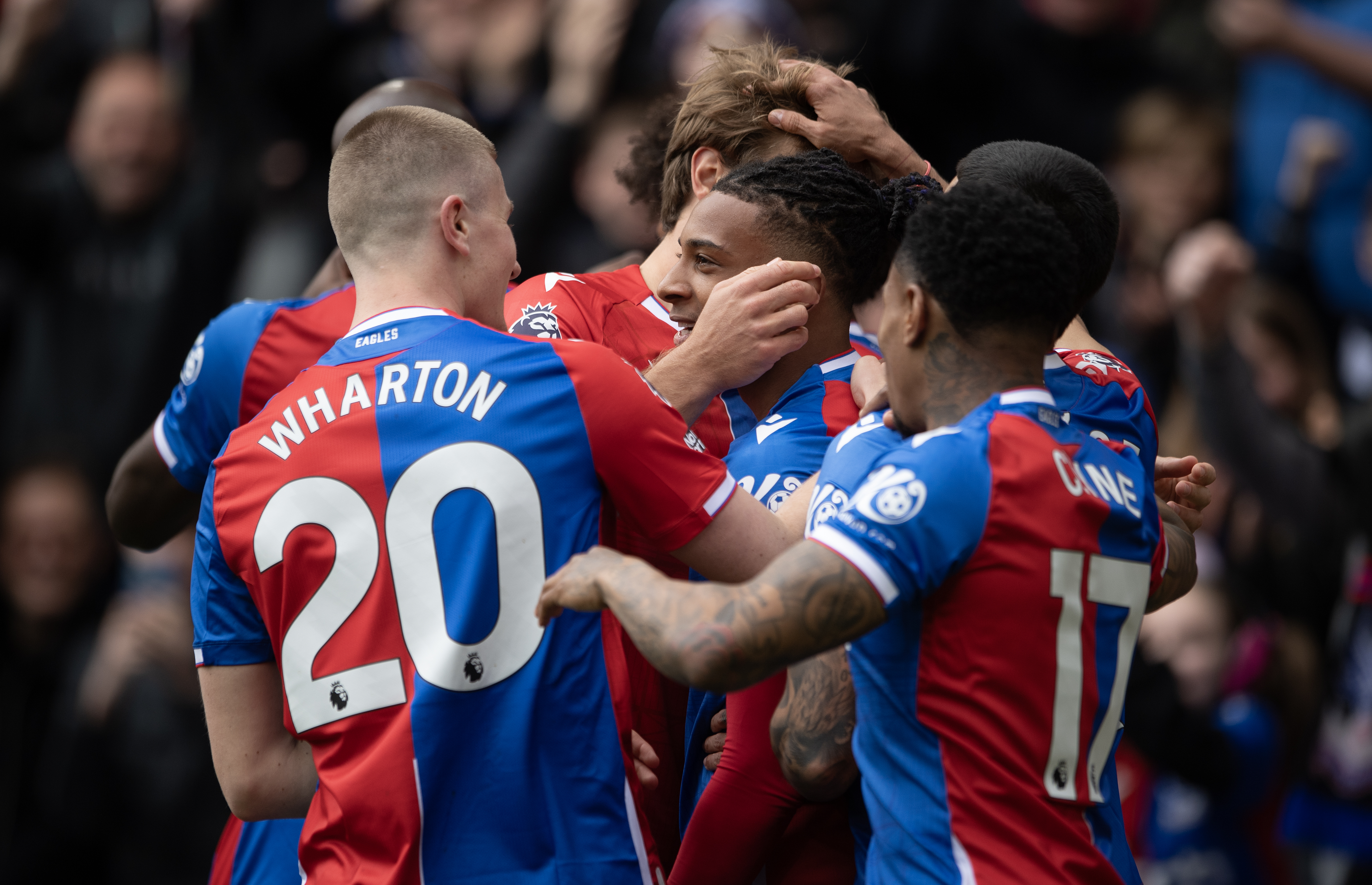 Crystal Palace players celebrate a Michael Olise goal against West Ham at Selhurst Park in April 2024.