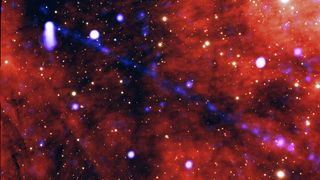 Images from NASA's Chandra X-ray Observatory and ground-based optical telescopes show a filament of matter and antimatter extending from a pulsar.