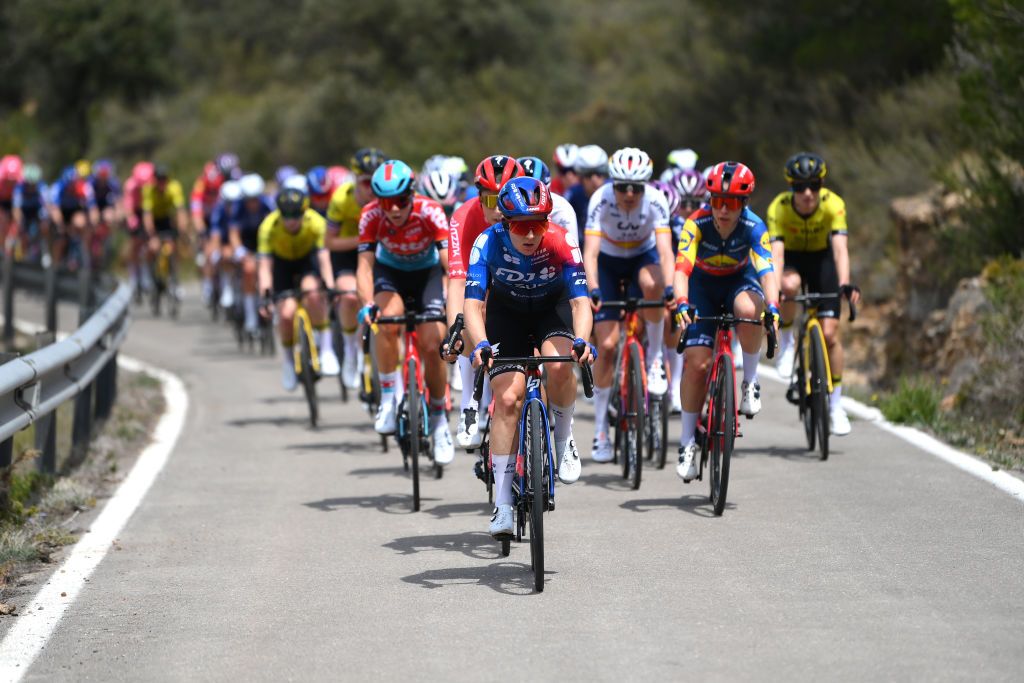 TERUEL SPAIN APRIL 30 Grace Brown of Australia and Team FDJ SUEZ leads the peloton during the 10th La Vuelta Femenina 2024 Stage 3 a 1303km stage from Lucena del Cid to Teruel UCIWWT on April 30 2024 in Teruel Spain Photo by Alex BroadwayGetty Images