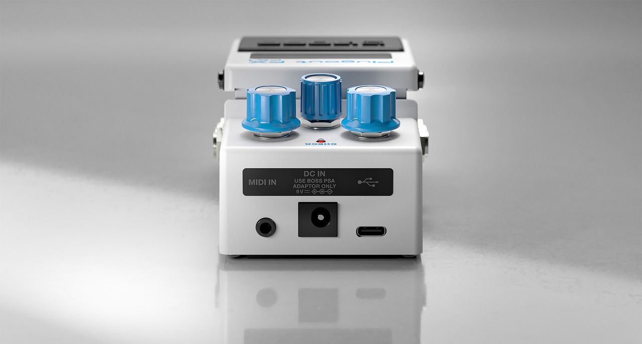 Boss PX-1 Plugout FX: the white compact series pedal has blue knobs, digital display, and is a platform for 16 digitally modelled Boss effects, one of which is available at a time.