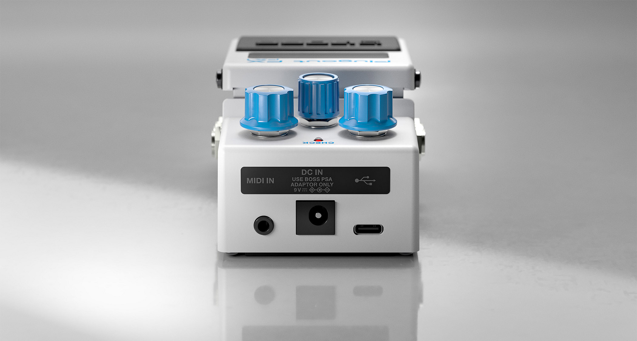 Boss PX-1 Plugout FX: the white compact series pedal has blue knobs, digital display, and is a platform for 16 digitally modelled Boss effects, one of which is available at a time.