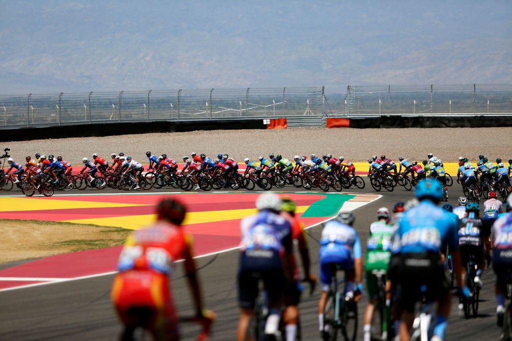 SAN JUAN ARGENTINA JANUARY 24 A general view of the peloton passing through Circuito San Juan Villicum during the 39th Vuelta a San Juan International 2023 Stage 3 a 1709km stage from Circuito San Juan Villicum to Circuito San Juan Villicum VueltaSJ2023 on January 24 2023 in San Juan Argentina Photo by Maximiliano BlancoGetty Images