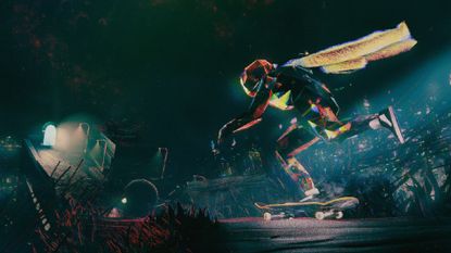 Key art for Skate Story showing the glass skater boarding through a dark underworld filled with spikes towards a door of light
