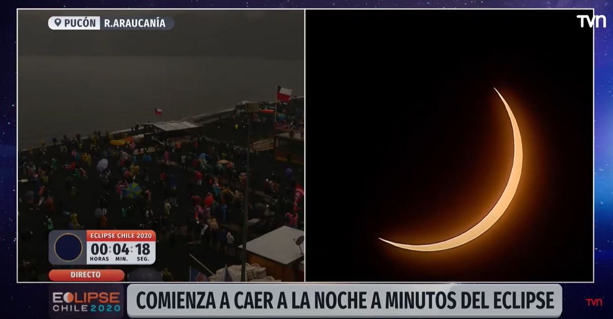 Crowds gathered in Chile to view the total solar eclipse of Dec. 14, 2020. In this image from TVN Chile, a crowd awaits the moment of totality as they are plunged into brief darkness.