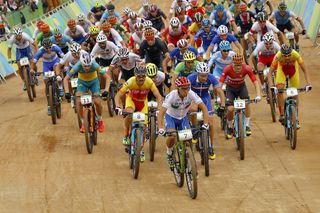 Competitors in action during the Rio 2016 Mens Mountain Bike Race