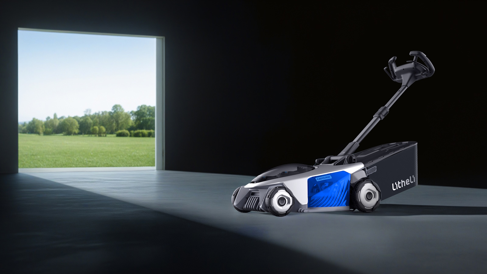 Easy Surge lawnmower on black background with a garden showing through a cut-out in the image