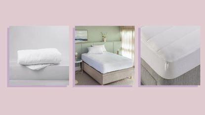 A composite image of three of the best mattress protectors in 2023, on an pink background.