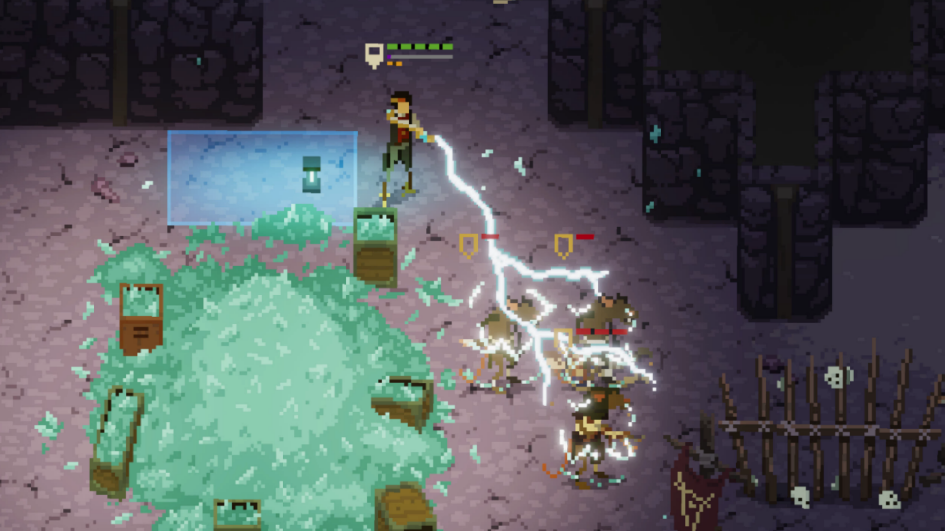 Image from videogame Shardpunk Verminfall. Pixelated heroes battle with humanoid rats.