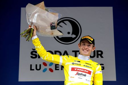 REMICH LUXEMBOURG SEPTEMBER 16 Mattias Skjelmose Jensen of Denmark and Team Trek Segafredo celebrates at podium as Yellow Leader Jersey winner during the 82nd Skoda Tour Luxembourg 2022 Stage 4 a 261km individual time trial stage from Remich to Remich on September 16 2022 in Remich Luxembourg Photo by Bas CzerwinskiGetty Images