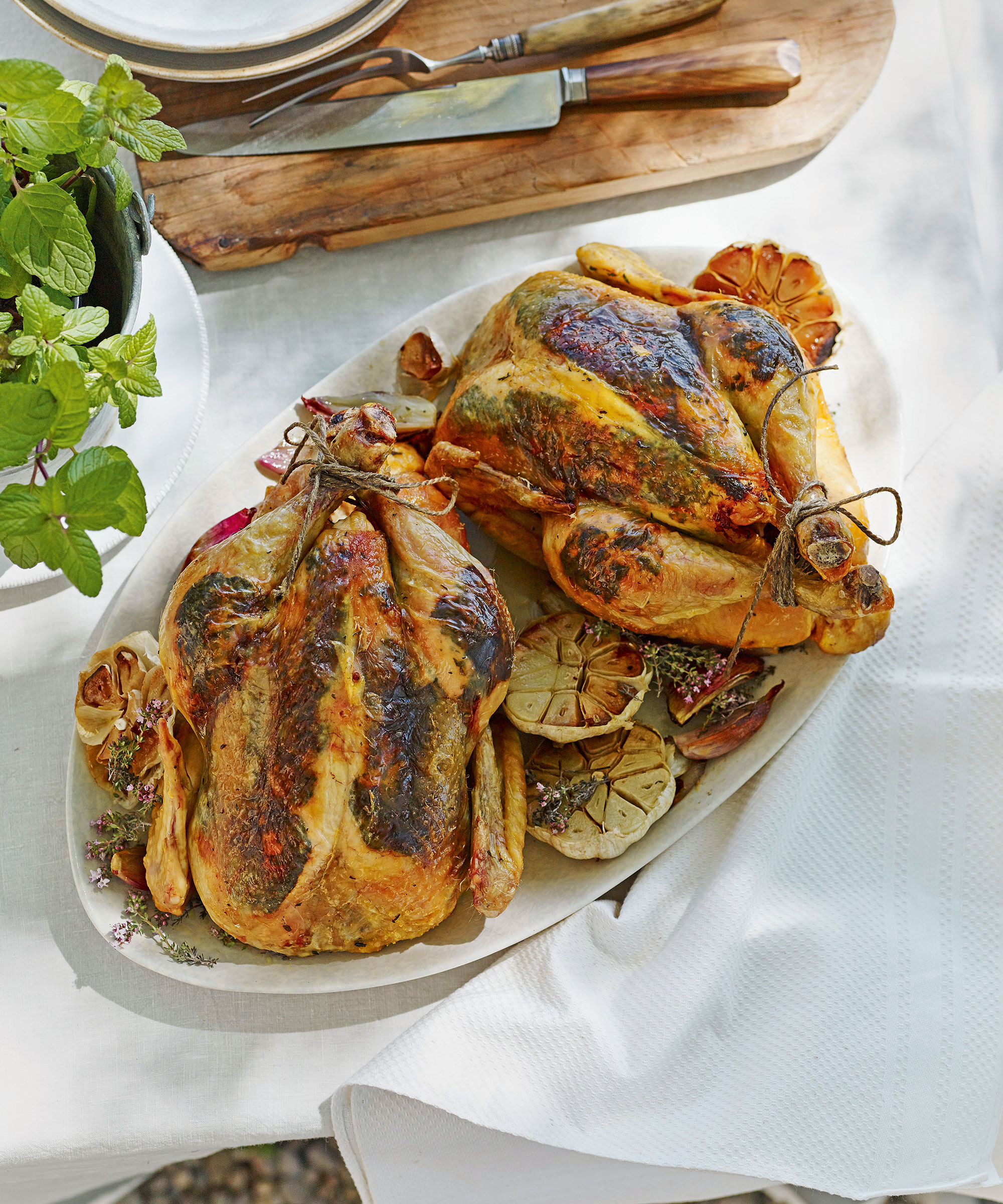 herb roast chicken Socca pancakes with rosemary and artichokes