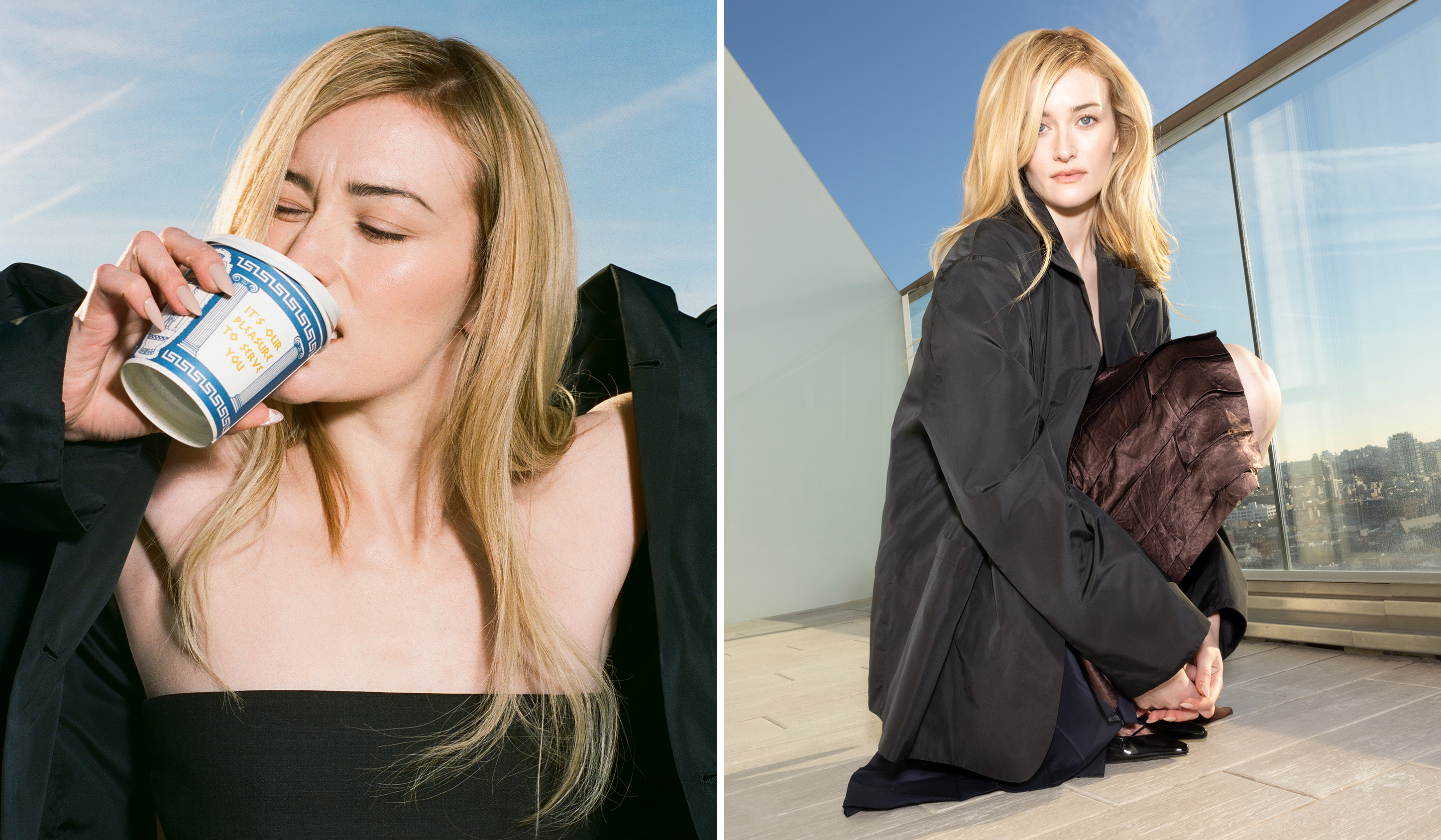 two photos of Sarah Pidgeon drinking from a New York City coffee cup and kneeling on a rooftop