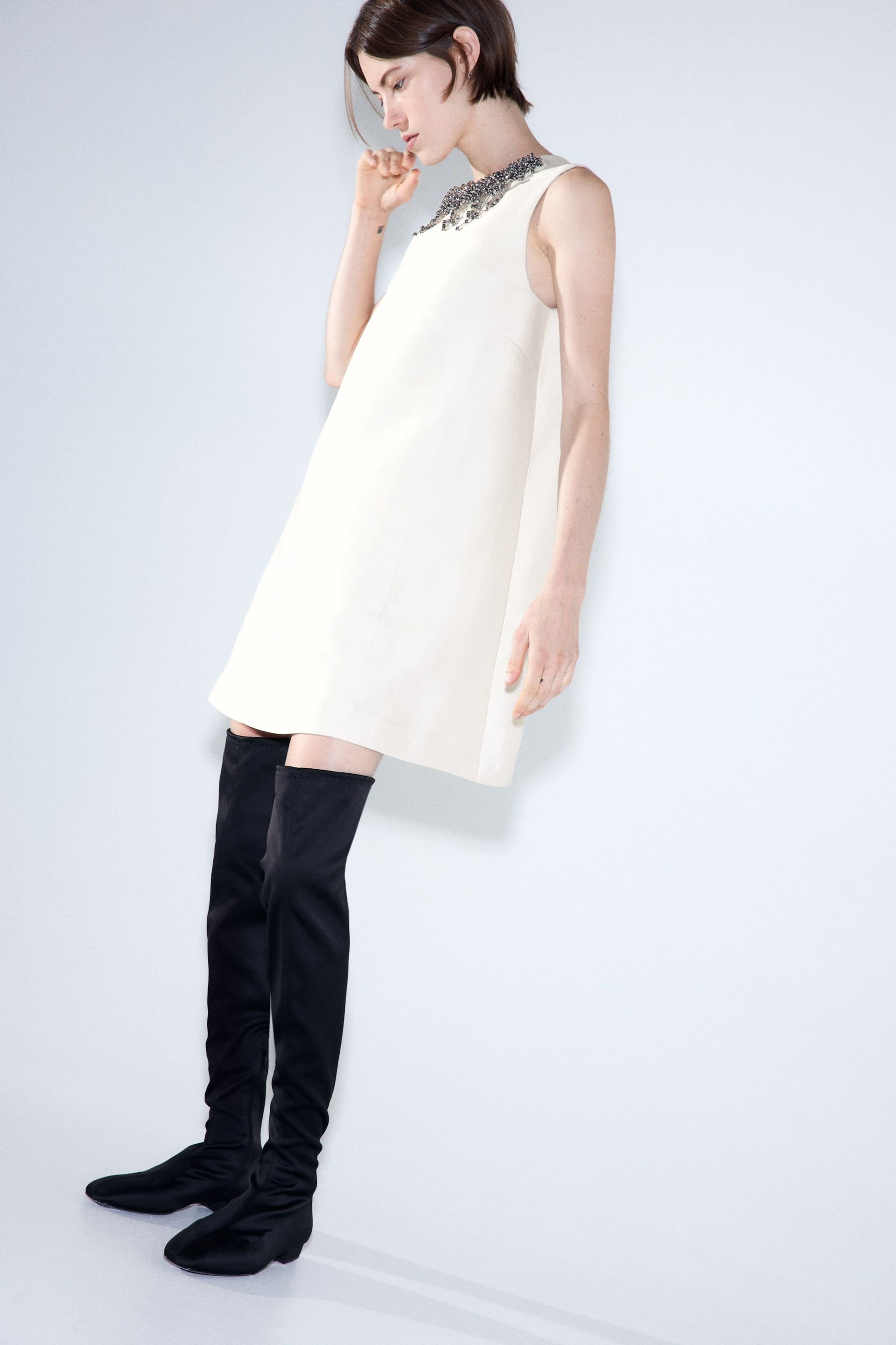 Embellished A-Line Dress - Cream