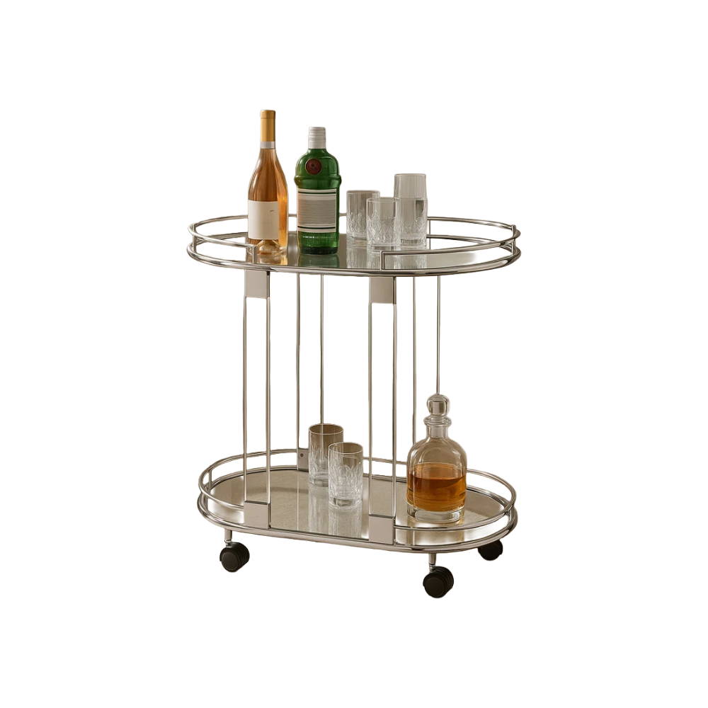 silver drinks drolley with two shelves with drinks and glasses on top