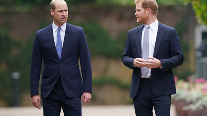 Prince William, Duke of Cambridge (left) and Prince Harry, Duke of Sussex arrive for the unveiling of a statue they commissioned of their mother Diana, Princess of Wales, in the Sunken Garden at Kensington Palace, on what would have been her 60th birthday on July 1, 2021 in London, England. Today would have been the 60th birthday of Princess Diana, who died in 1997. At a ceremony here today, her sons Prince William and Prince Harry, the Duke of Cambridge and the Duke of Sussex respectively, will unveil a statue in her memory.