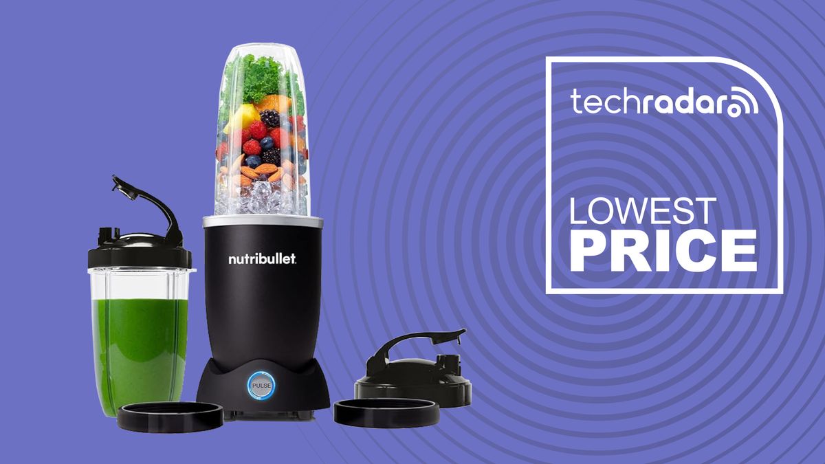 The Nutribullet pro plus 1200 is pictured against a purple background with lowest price written in white to the right hand side.