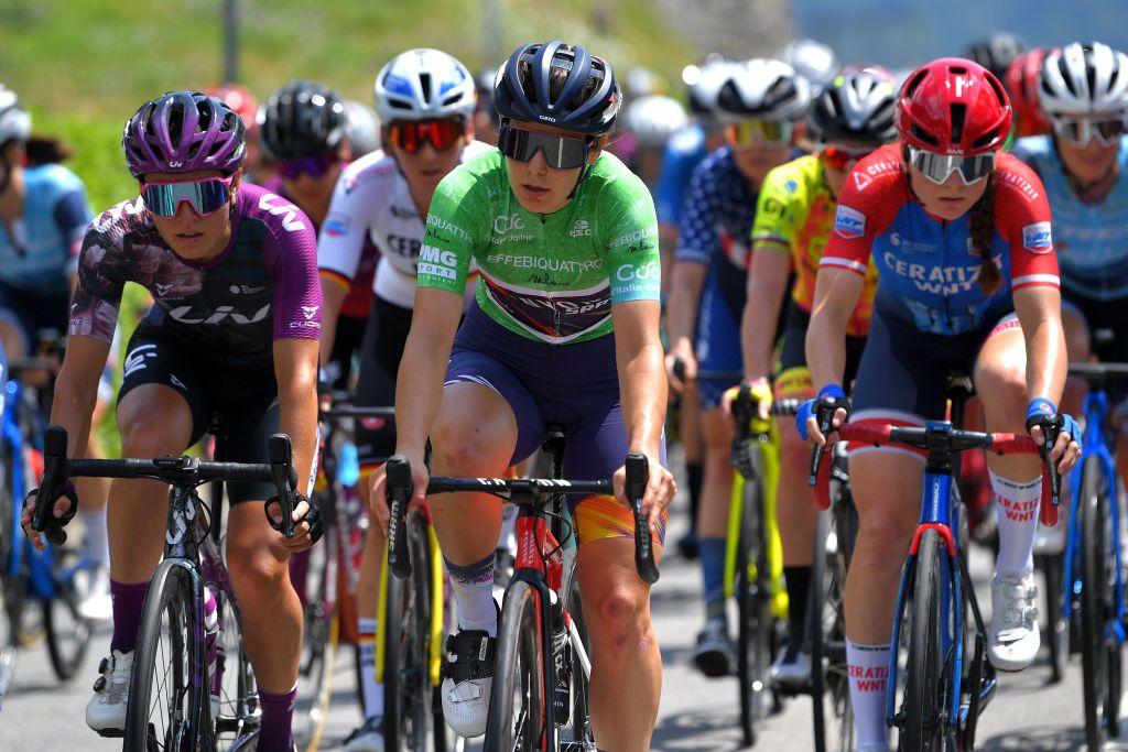 COLICO ITALY JULY 07 Sofia Bertizzolo of Italy and Team Liv Racing Elise Chabbey of Switzerland and Canyon SRAM Racing Team Green Mountain Jersey Marta Lach of Poland and Ceratizit WNT Pro Cycling Team during the 32nd Giro dItalia Internazionale Femminile 2021 Stage 6 a 155km stage from Colico to Colico GiroDonne UCIWWT on July 07 2021 in Colico Italy Photo by Luc ClaessenGetty Images