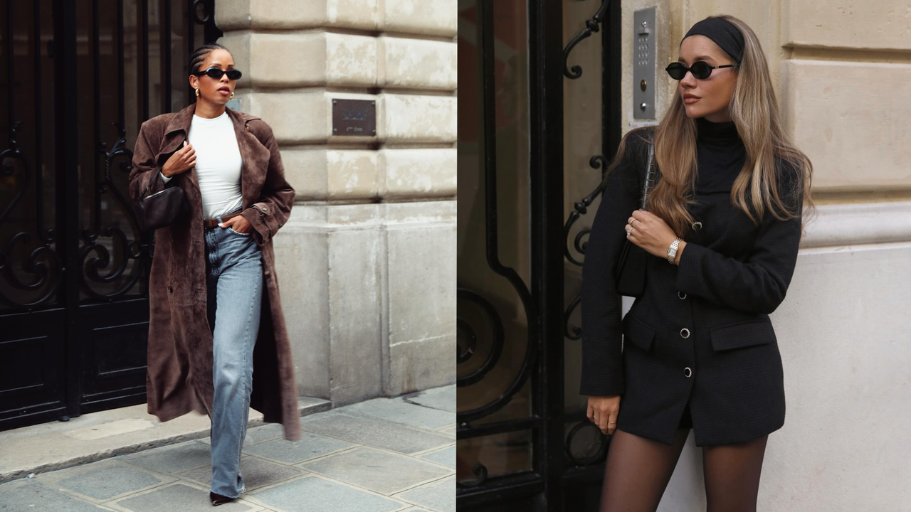 best basics fromReplica Store&#039;s early black friday sale shown in a collage of two women standing on the sidewalk, one on the left is wearing a brown suede trench coat over a white t-shirt and jeans, one on the right is wearing a black blazer dress with a black shoulder bag and a black headband and sunglasses 