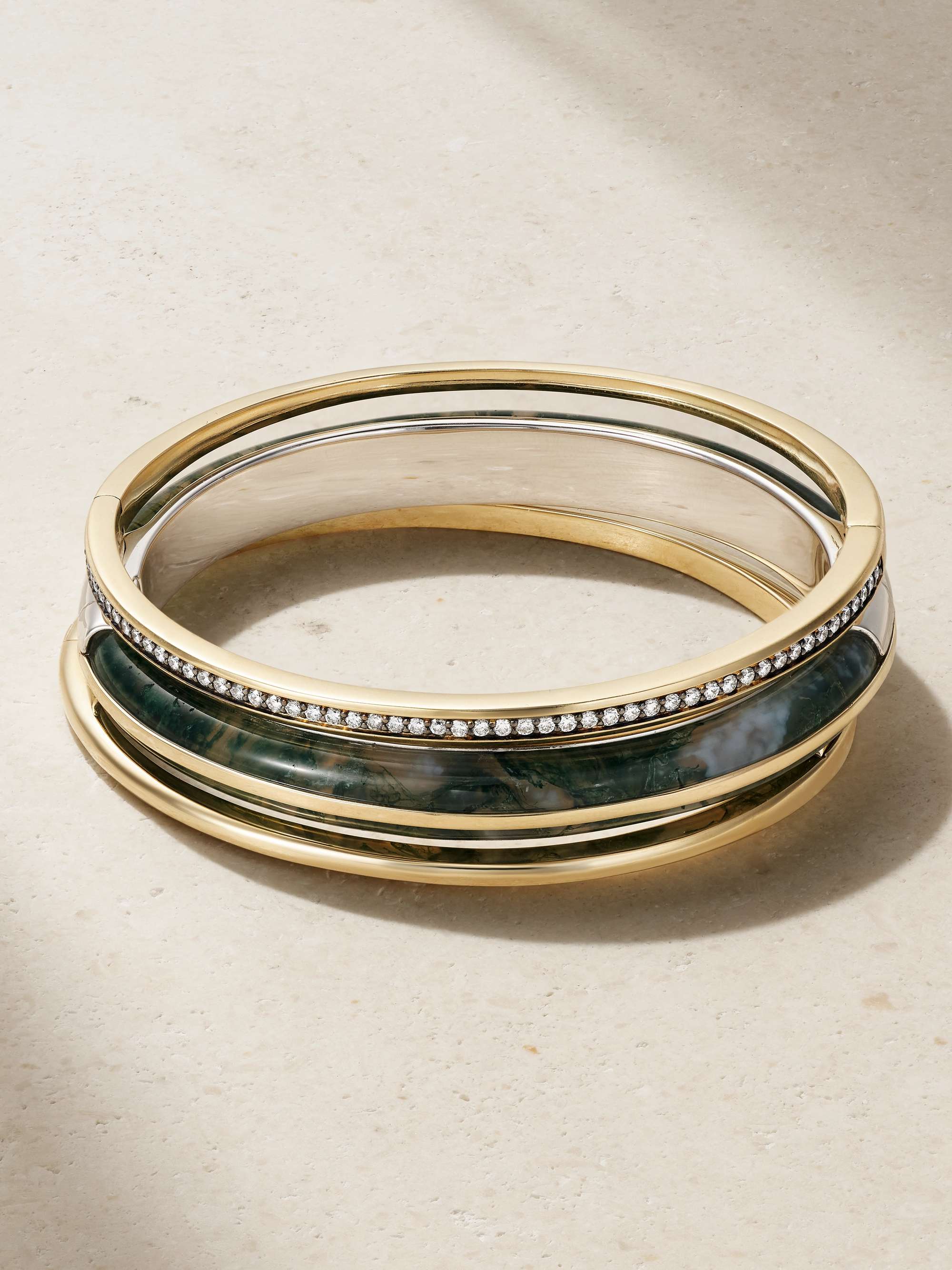 Classic Stack Set of Three 14-Karat Recycled Gold, Recycled Sterling Silver, Agate and Diamond Bracelets