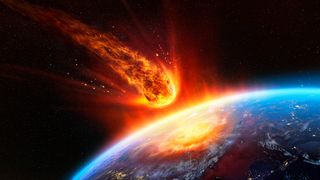 We see an enormous, fiery asteroid falling through Earth's atmosphere and very nearly hitting our blue planet