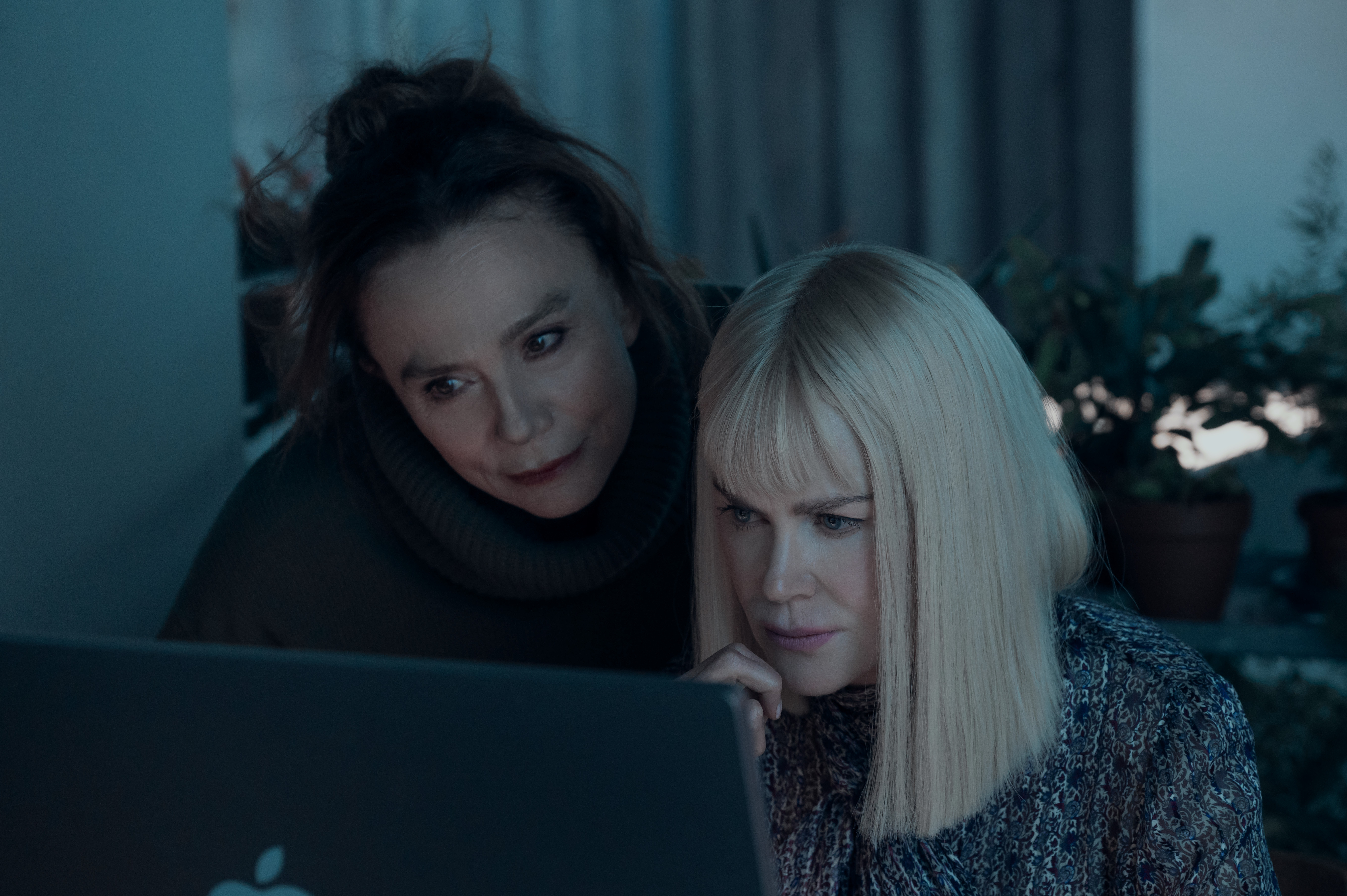 lena olin as helena and nicole kidman as masha looking at a computer together in nine perfect strangers season 2