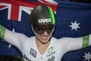 Anna Meares with the Australian flag after winning the Kierin