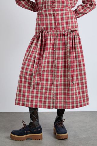 Bronte Button Through Midi Skirt - Red Check