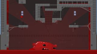 A giant version of the player character dominates a Super Meat Boy level