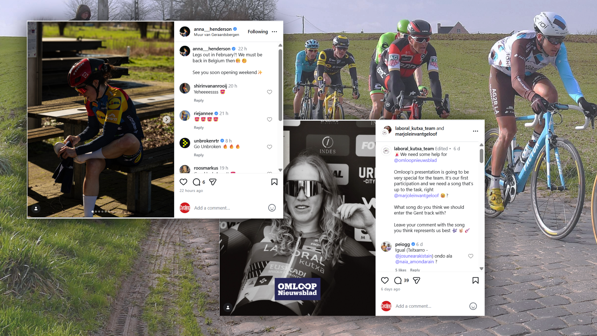 Screenshots over a photo of people cycling on cobbles