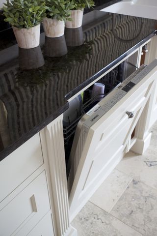 Open dishwasher in cabinet