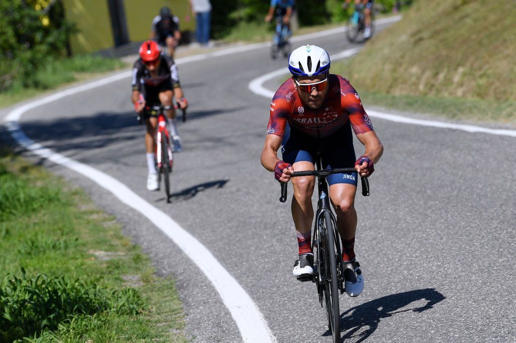 STRADELLA ITALY MAY 27 Patrick Bevin of New Zealand and Team Israel StartUp Nation in the Breakaway during the 104th Giro dItalia 2021 Stage 18 a 231km stage from Rovereto to Stradella UCIworldtour girodiitalia Giro on May 27 2021 in Stradella Italy Photo by Tim de WaeleGetty Images
