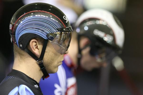 Chris Hoy (Sky+ HD) and Matt Crampton (Team GB) prepare for their final match up.