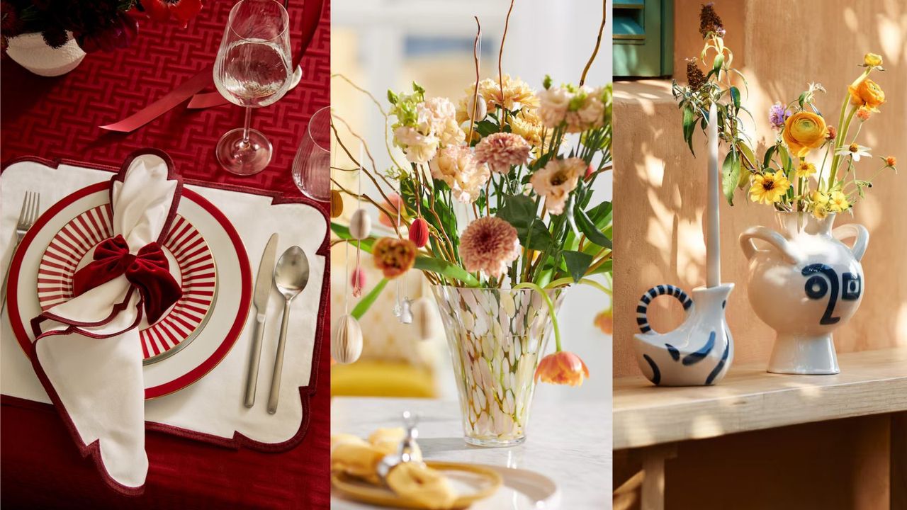 A triptych: red and white table setting on a red tablecloth; a glass vase filled with pink flowers on a white counter; a white vase filled with flowers against a peach wall. 