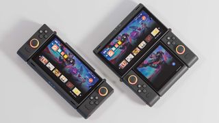 Two ONEXSUGAR handhelds next to each other on a white surface. One shows two displays while the other is folded so only one is visible.