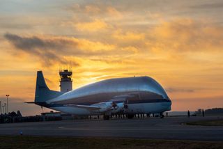 NASA's Super Guppy transport plane, with the Orion crew capsule inside, on the ground at Mansfield Lahm Airport in Ohio on Nov. 24, 2019. Orion will undergo a series of tests at NASA’s Plum Brook Station. 