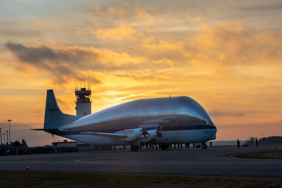 NASA&#039;s Super Guppy transport plane, with the Orion crew capsule inside, on the ground at Mansfield Lahm Airport in Ohio on Nov. 24, 2019. Orion will undergo a series of tests at NASA’s Plum Brook Station. 