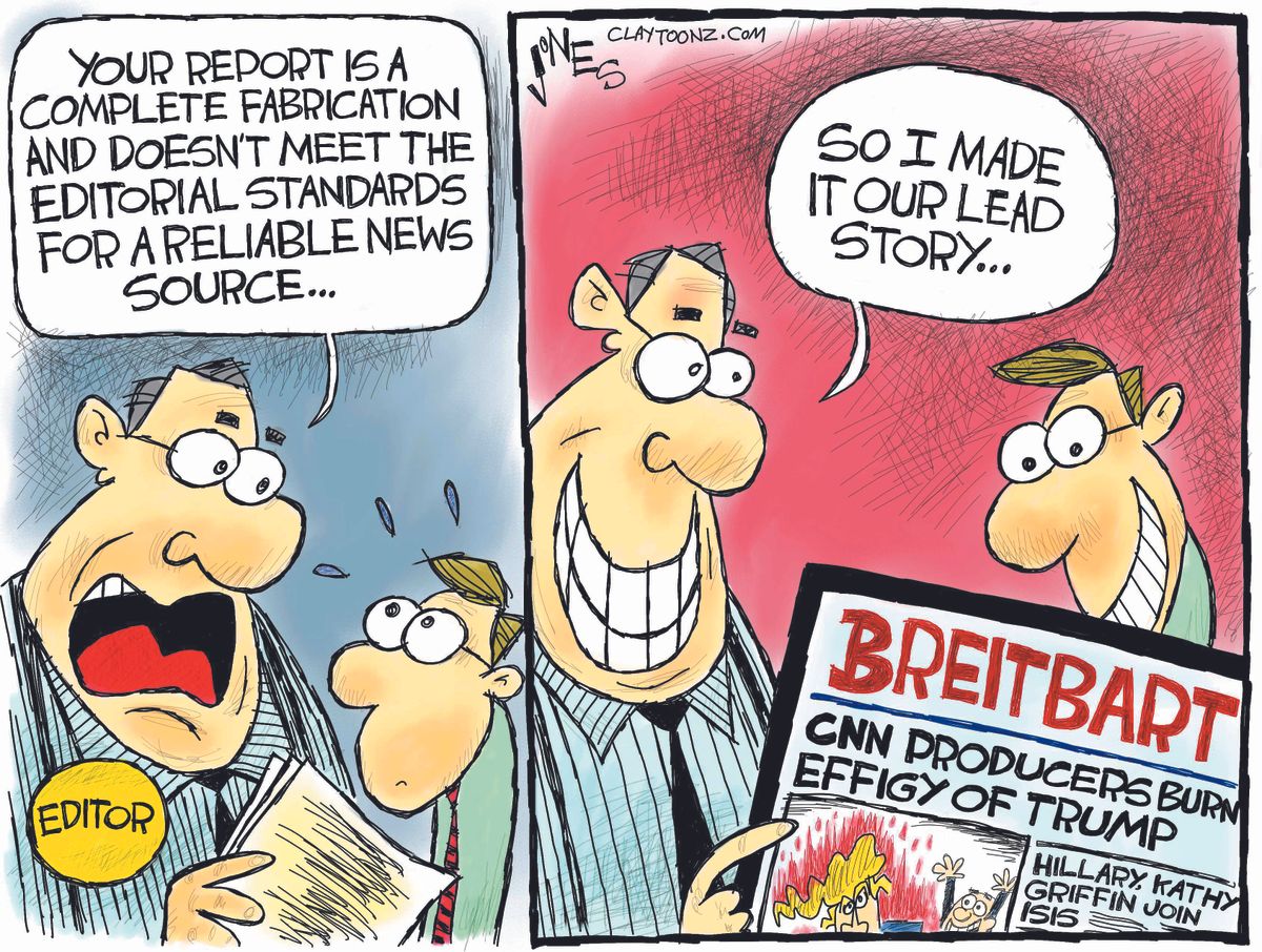 Political cartoon U.S. Breitbart fake news media anonymous source lies ...