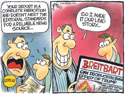Political cartoon U.S. Breitbart fake news media anonymous source lies