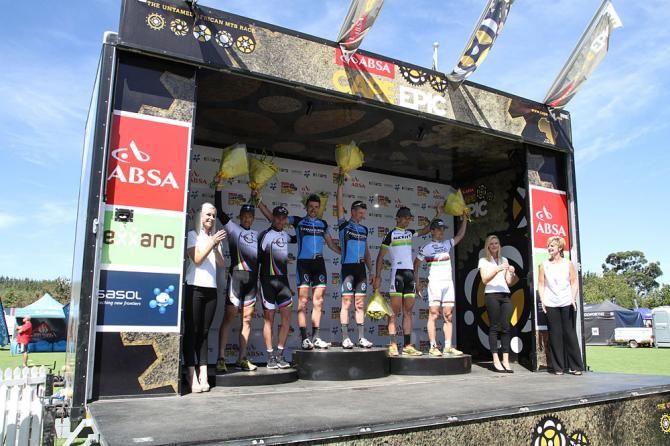 Mens Podium (LtoR) 3rd Christoph Sauser and Frantisek Rabon of Meerendal Songo Specialized, 1st Riccardo Chiarini and Roel Paulissen of Torpado Factory, 2nd Philip Buys and Nino Schurter of Scott-Odlo MTB Racing