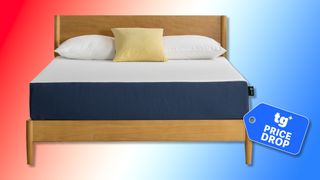 The Zinus 10 inch green tea waterfall memory foam mattress against a red white and blue background, a Tom's Guide price drop deals graphic in the bottom right
