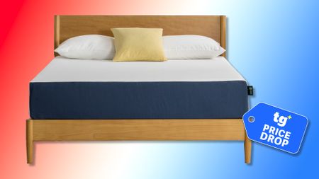 The Zinus 10 inch green tea waterfall memory foam mattress against a red white and blue background, a Tom's Guide price drop deals graphic in the bottom right
