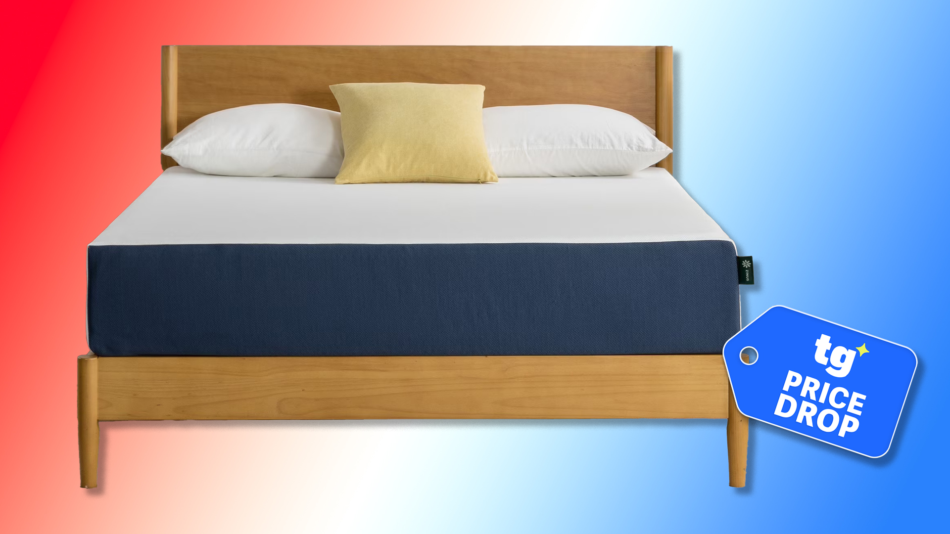 The Zinus 10 inch green tea waterfall memory foam mattress against a red white and blue background, a Tom's Guide price drop deals graphic in the bottom right