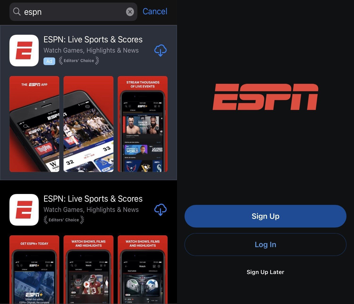 Capture d'écran du mobile ESPN Plus