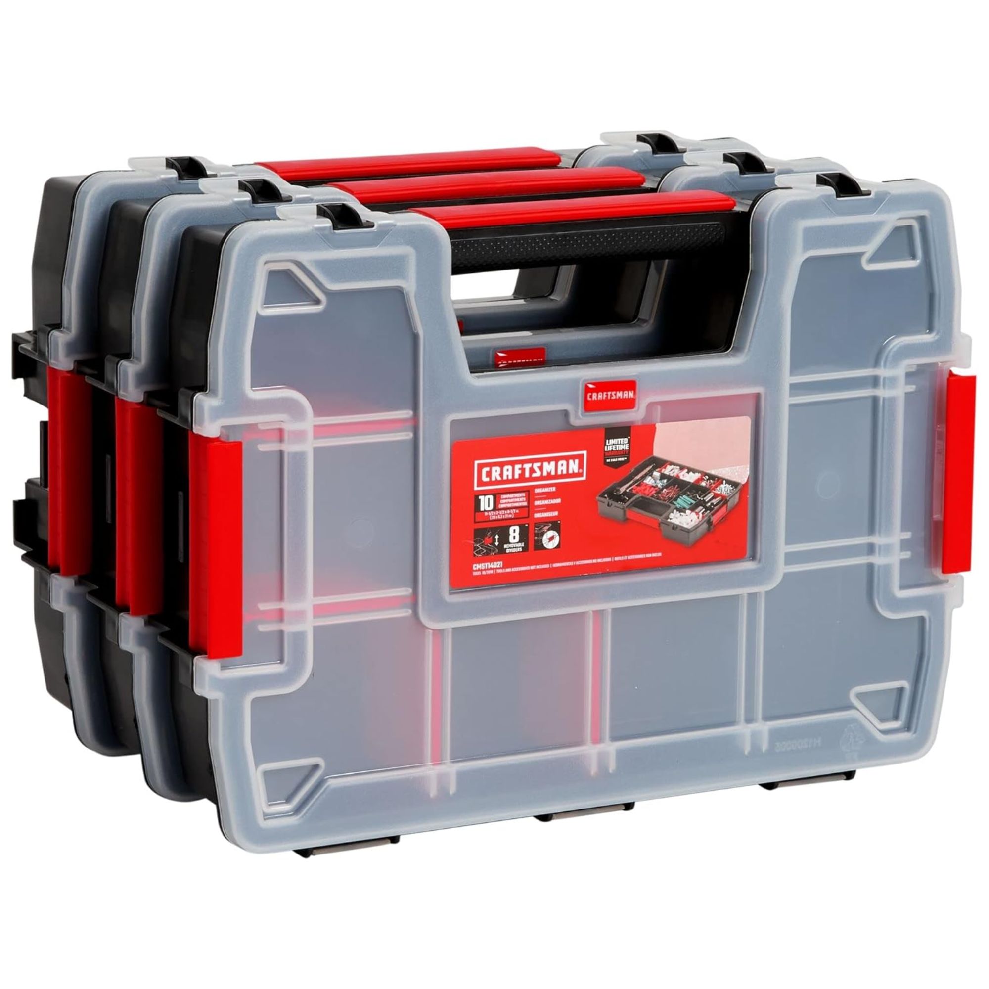 Red and grey storage organizer with clear lid