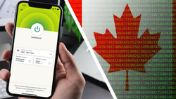 ExpressVPN app on smartphone on the left, Canda binary flag on the right