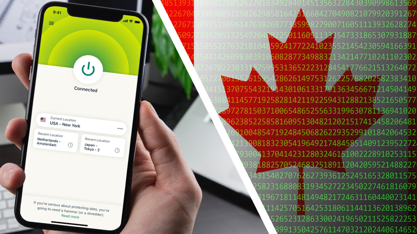 ExpressVPN app on smartphone on the left, Canda binary flag on the right
