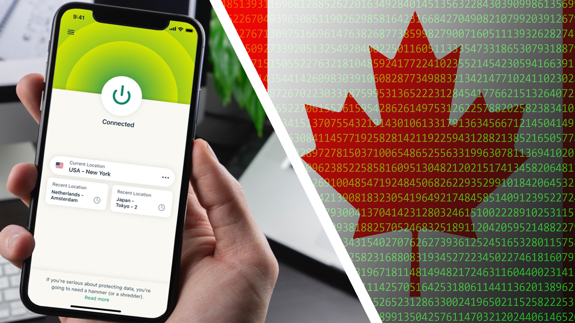 ExpressVPN app on smartphone on the left, Canda binary flag on the right